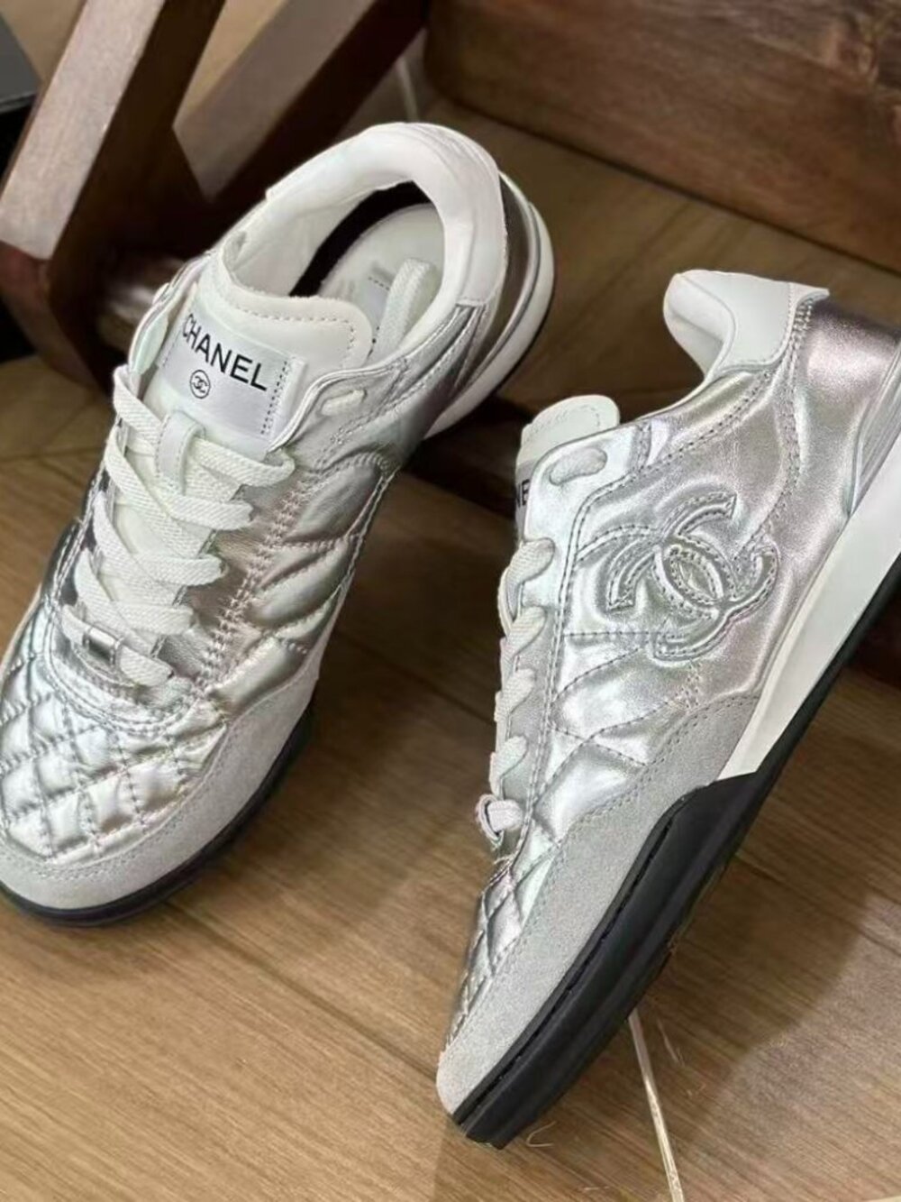Chanel Silver Metallic Quilted CC Low Top Sneakers